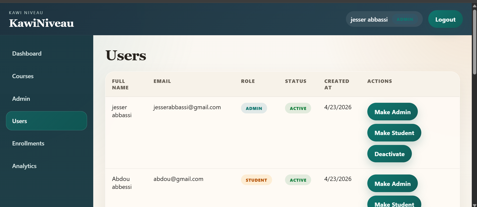 KawiNiveau student progress screenshot